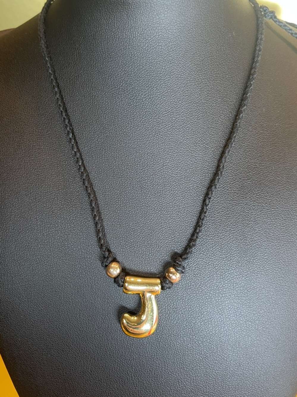 Gold 'J' Pendant Necklace on Black Cord - adjustable necklace